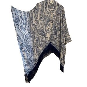 White Blue Floral Fringe Kimono Shawl One Size Paisley Boho Festival Coastal